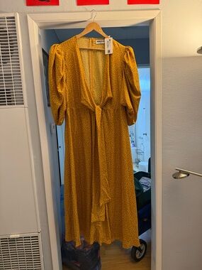 Rebdolls Mustard Yellow Polka Dot Tie-Front Midi Dress